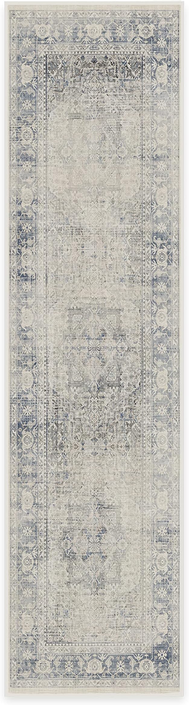 RUGGABLE Washable Vintage Runner Rug – Kamran Blue Quartz 2.5x10, Stain-Resistant, Non-Slip Hallway Runner with Standard Pad – Machine Washable Rug for Hallway, Entryway, Living Room & Kitchen