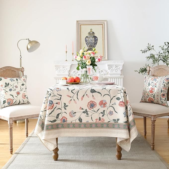 French Tablecloth, Linen/Polyester Blend, Rectangular, 79" x 55", Pink, Floral Pattern, Hand-Painted Design, Dining Table Cover