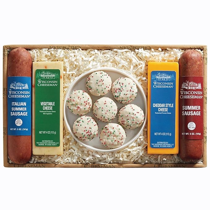 The Wisconsin Cheeseman Five Star Assortment – Summer Sausage Meats and Cheeses Gift Basket with Bon Bon Cookies – Holiday Thank You Gift for Adults, Women, and Men – Charcuterie Board in a Box