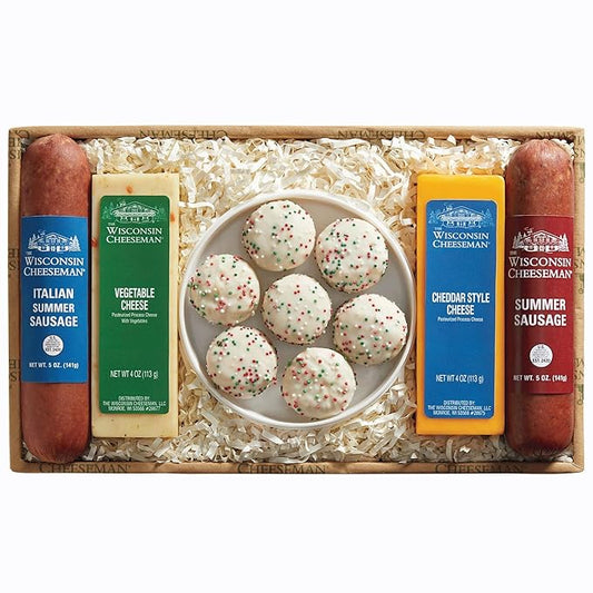 The Wisconsin Cheeseman Five Star Assortment – Summer Sausage Meats and Cheeses Gift Basket with Bon Bon Cookies – Holiday Thank You Gift for Adults, Women, and Men – Charcuterie Board in a Box