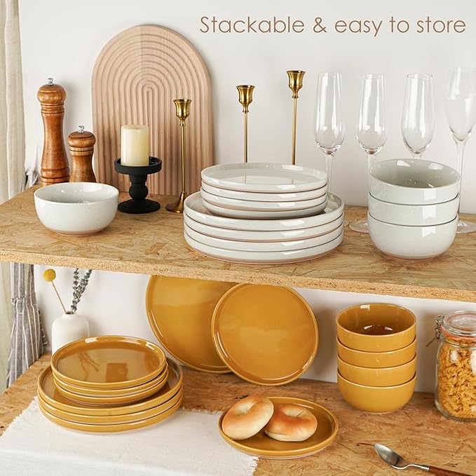12 Pieces Farmhouse Stoneware Dinnerware Sets, Speckled Ceramic Plates and Bowls Set, Matte Terracotta Underside Ceramic Dishes Set for 4, Scratch Resistant Microwave & Dishwasher Safe(Glacier White)