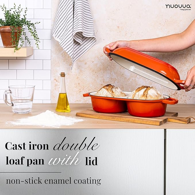 Dutch Oven For Sourdough Bread Baking – Enamelled Cast Iron Bread Loaf Pot – 500°F Oven Safe Non Stick Bread Pot – Double Round Loaf Space, 16.5cm Diameter, Orange, – by Nuovva