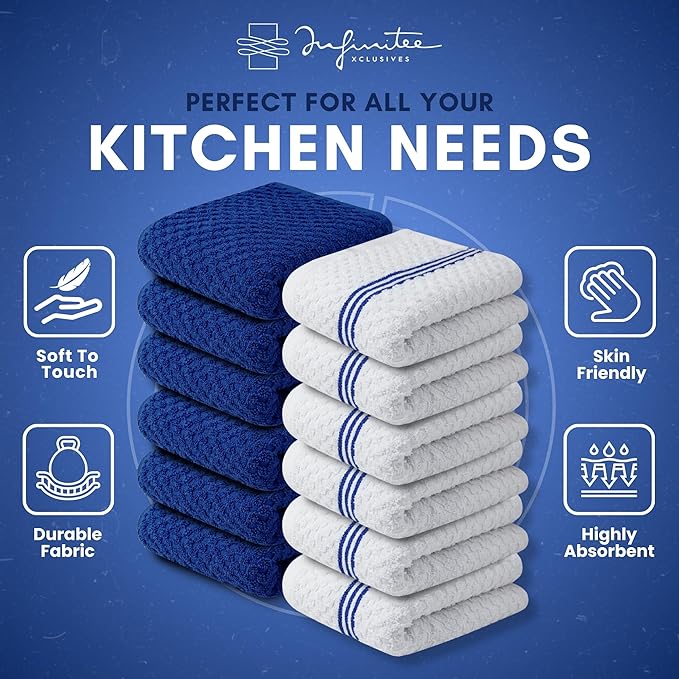 Infinitee Xclusives Premium Kitchen Towels - [Pack of 12] 100% Cotton Kitchen Hand Towels (15 x 25 Inches) - Dish Towels for Kitchen |Mighty Blue|
