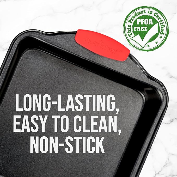 NutriChef Nonstick Square Baking Pan with Red Silicone Grip Handles - Square Brownie & Cake Tray - Even Heat Distribution, PFOA, PFOS, PTFE-Free Nonstick Coating - 8" x 8" Pan, Gray