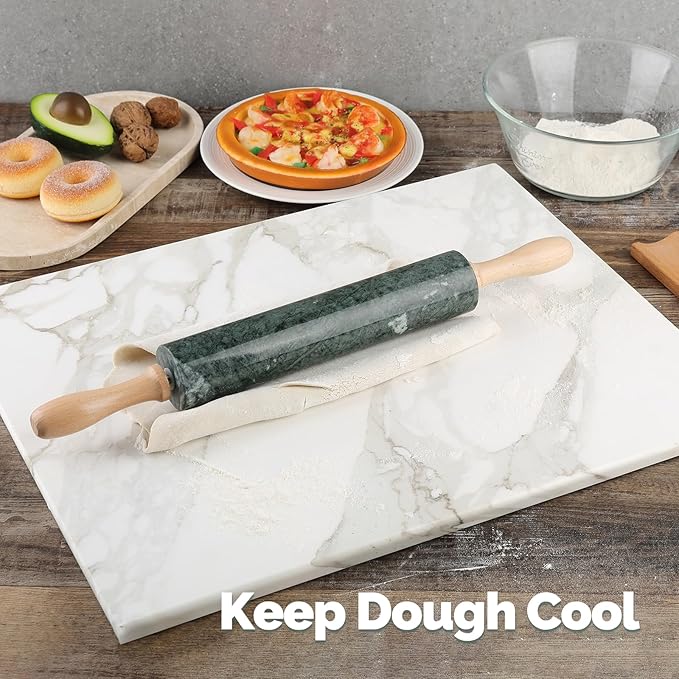 Koville Indian Natural Marble Rolling Pin, Non-Stick Polished Dough Roller, Pasta, Dumpling, Fondant, Pie Crust, Bread, Pizza Dough, Kitchen Baking Pastry Tools with Mat/Scraper(Indian Green)