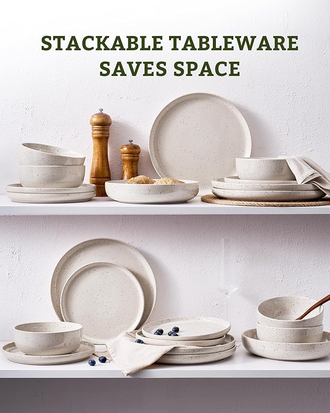 Famiware Meteor Plates and Bowls Sets for 4, 12 Pieces Dinnerware Sets, Microwave and Dishwasher Safe Dishes Set, Creamy White