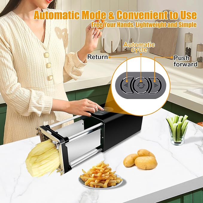 Electric French Fry Cutter, Commercial Automatic French Fry Cutter, Stainless Steel Potato Cutter with 1/2-Inch & 3/8-Inch Blade, Electric Potato Cut Machine for Restaurants & Home Kitchen