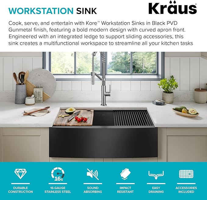 KRAUS Kore Workstation 33-inch Farmhouse Apron Front 16 Gauge Black Stainless Steel Single Bowl Kitchen Sink in PVD Gunmetal Finish with Accessories, KWF210-33/PGM