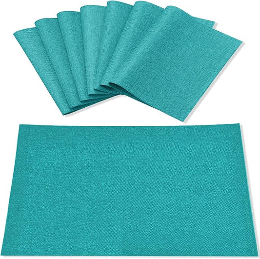 Linen Placemats Set of 8, Machine Washable, Heat Resistant, Wrinkle Free, Thick Polyester Kitchen Place Mats for Dining Table (Teal Blue)