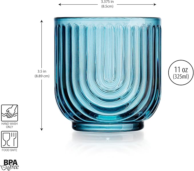 Glaver's Double Old Fashioned Rock Glasses, Set of 4 Blue Whiskey Glasses, 11 oz Art Deco U-Shape Design Embossed Everyday Home Bar Glassware. Art Deco Elegant Kitchen Drinking Glasses.