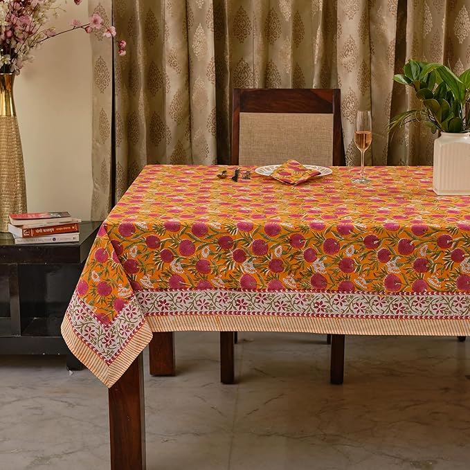 Ridhi Bubblegum Pink Hand Block Print Cotton Rectangle Tablecloth 108 x 60 inches Reusable Table Cover Decorative Everyday Use for Dining Room, Farmhouse, Home, Party, Festive & Wedding, Fall