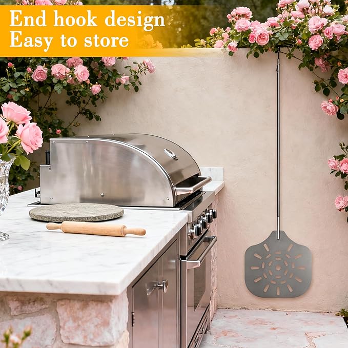 Pizza Peel 12" Pizza Paddle with Detachable Iron Handle, Adjustable 28"–42" Heat Resistant Pizza Spatula for Baking Bread, Pastry, Outdoor Pizza Oven