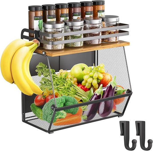 Magnetic Shelf for Fridge with Wood Lid, Extra-Large Capacity Magnetic Spice Rack for Refrigerator Kitchen Storage Bin for Fruit, Onion, Potatoes, Storage Organizer for Counter & Cabinet, Mesh Basket