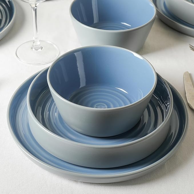 Stone Lain Elica 24-Piece Modern Dinnerware Set Stoneware, Plates and Bowl Sets for 8, Blue and Grey