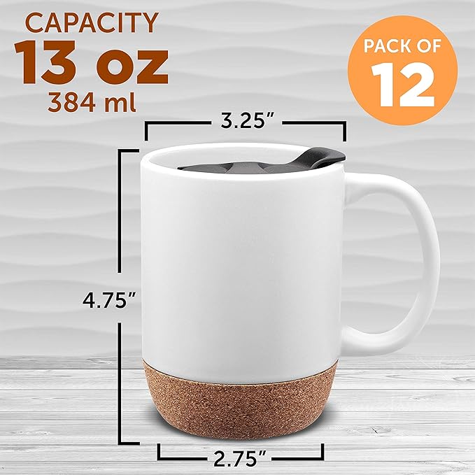 DISCOUNT PROMOS Barista Ceramic Mugs with Cork Bottom 13 oz. Set of 12, Bulk Pack - Perfect for Coffee, Tea, Espresso, Hot Cocoa, Other Beverages - White