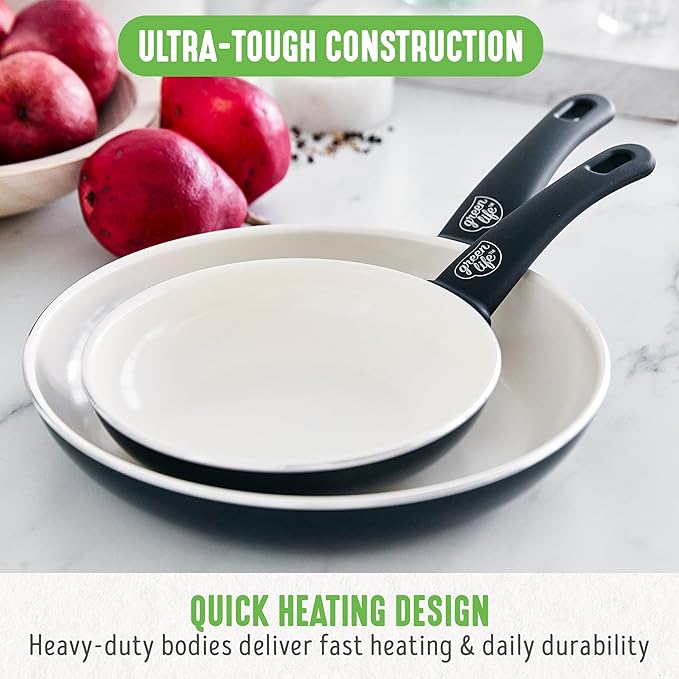 GreenLife Non Stick Fry Pan Set (7" & 10"), Non-Toxic PFAS-Free Ceramic Skillets, Dishwasher & Oven Safe, Egg Omelet Frying Pans, Stay- Cool Handles, Kitchen Home Cooking Essentials, Black and Cream
