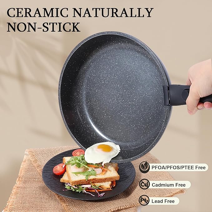 GiPP Ceramic Non Stick Frying Pans Set Removable Handle, Dishwasher & Oven Safe Nonstick Skillets with Detachable Handle, Healthy Cooking Compatible with All Stovetops, PFOA Free, RV Cookware set