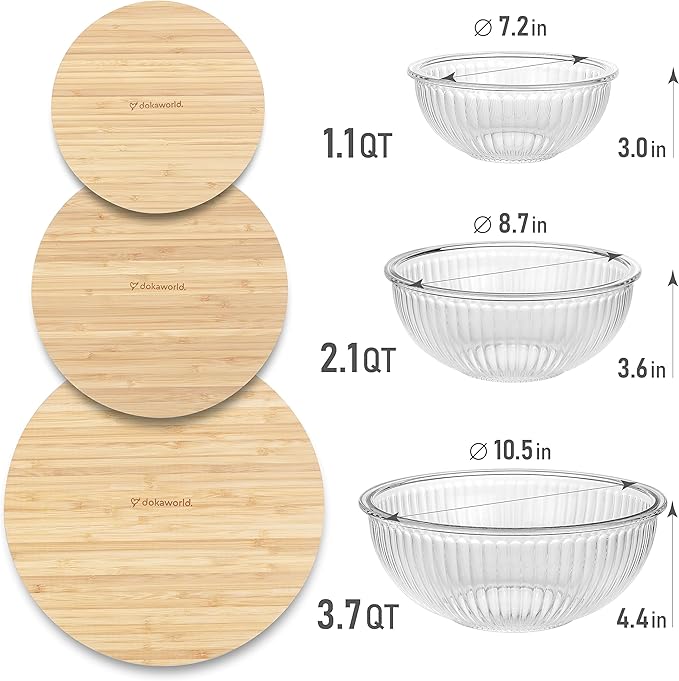 Stackable Space-Saving Nesting Set of 3 Glass Bowls with Bamboo Lids for Foodprep, Storage, Mixing & Cooking - Microwave & Oven Safe BPA Free Durable Heat Resistant Inert Borosilicate Glass