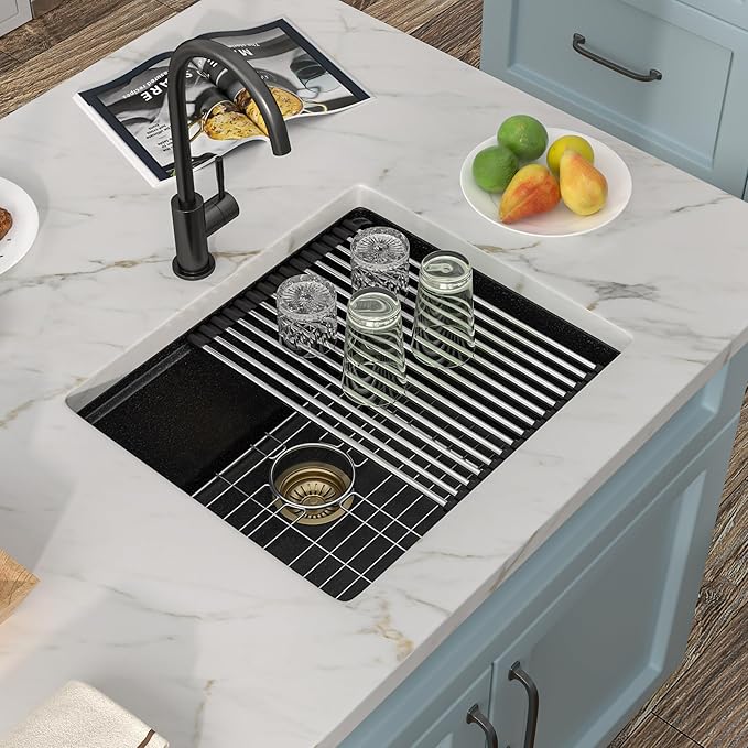 21 Undermount Bar Sink Workstation - Fulorni 21"x18" Undermount Wet Bar Sink Matte Black Granite Composite Quartz Classic Single Bowl Under Counter Small Kitchen Bar Prep RV Sink Basin