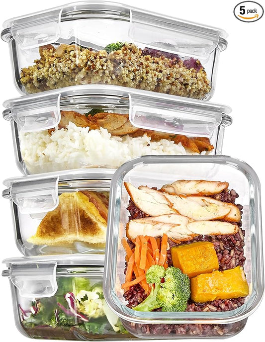 Vtopmart 5Pack 22oz Glass Storage Containers with Lids, Glass Meal Prep Food Container Sets with Snap Airtight Lids for Microwave, Oven, Freezer and Dishwasher