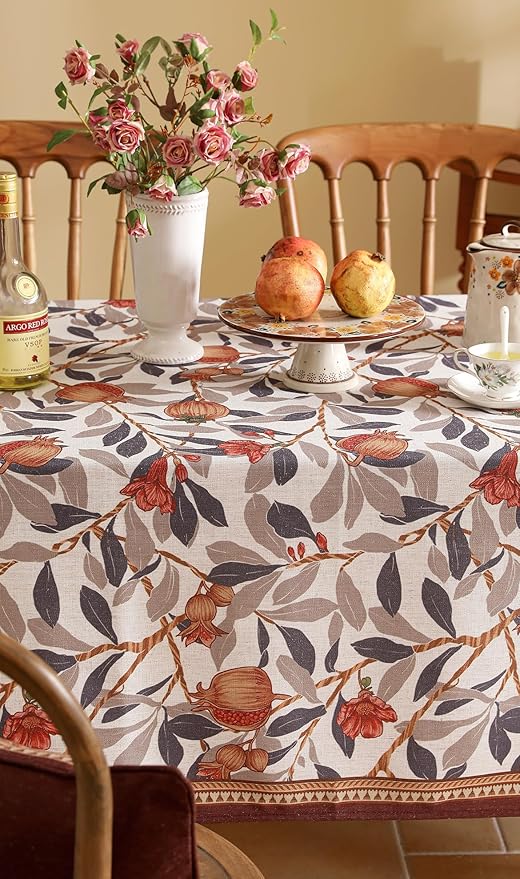 patdrea Designer Brown Rectangle Tablecloth,Framhouse Linen Pomegranates and Leaves Tree Pattern Linen Tablecloth,Fall Fruits Table Cover Cloth Decor for Kitchen Dining Christmas,55"*79"