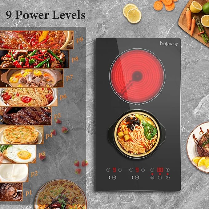 2 Burner Electric Cooktop 12 Inch, 110V Electric Stove with Touch Control, 2000W Ceramic Cooktop, Built-in & Countertop, Overflow Protection, Safety Lock, Timer(Plug in)