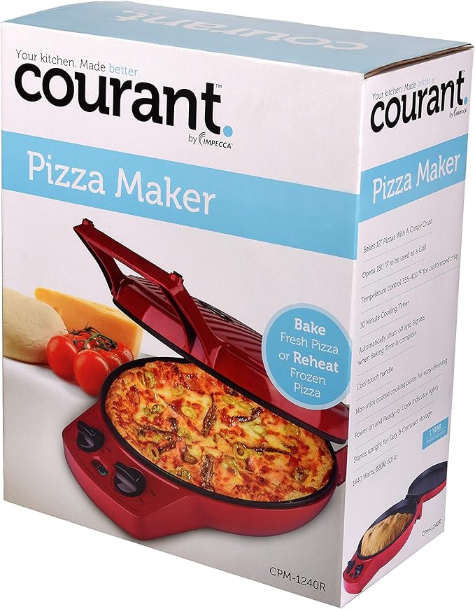 Courant Pizza Maker, 12 Inch Pizza Cooker and Calzone Maker, with Timer &Temperatures control, 1440 Watts Pizza Oven convert to Electric indoor Grill, Red