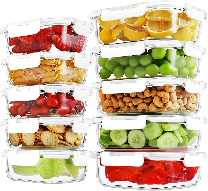 10 Pack Borosilicate Glass Meal Prep Containers with Locking Lids, Glass Food Storage Containers Set, Airtight Lunch Bento Boxes, BPA-Free & Leak Proof, 36oz & 14oz, Freezer, Oven Safe-White