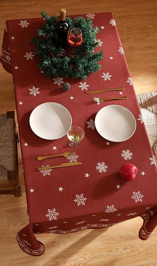 Christmas Tablecloth for Square Tables,Linen Table Cloth with Red Background and White Snowflakes Pattern,Heavy Durable Table Cover for Dining Kitchen Party Christmas,67"*67"