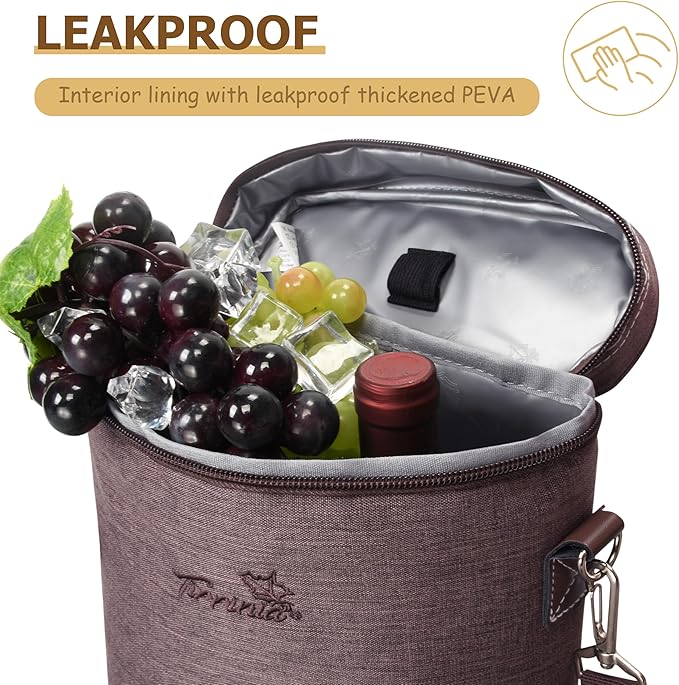Tirrinia 2 Bottle Wine Gift Tote Carrier - Leakproof & Insulated Padded Versatile Wine Cooler Bag for Travel, BYOB Restaurant, Party, Dinner, Gift for Wine Lovers, Brown