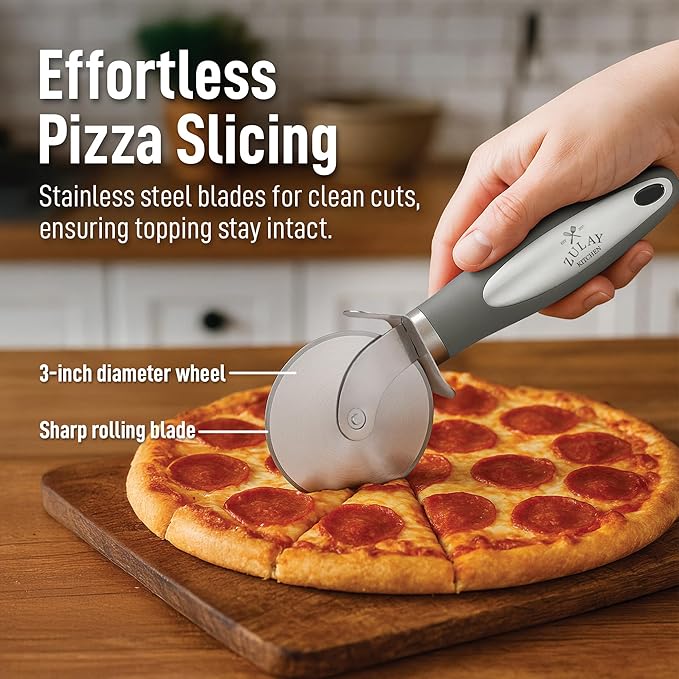 Zulay Kitchen Premium Pizza Cutter - Durable Stainless Steel Pizza Cutter Wheel - Easy-to-Clean, Easy-to-Use Pizza Slicer - Super Sharp with Non-Slip Handle - Dishwasher Safe Pizza Wheel (Grey)