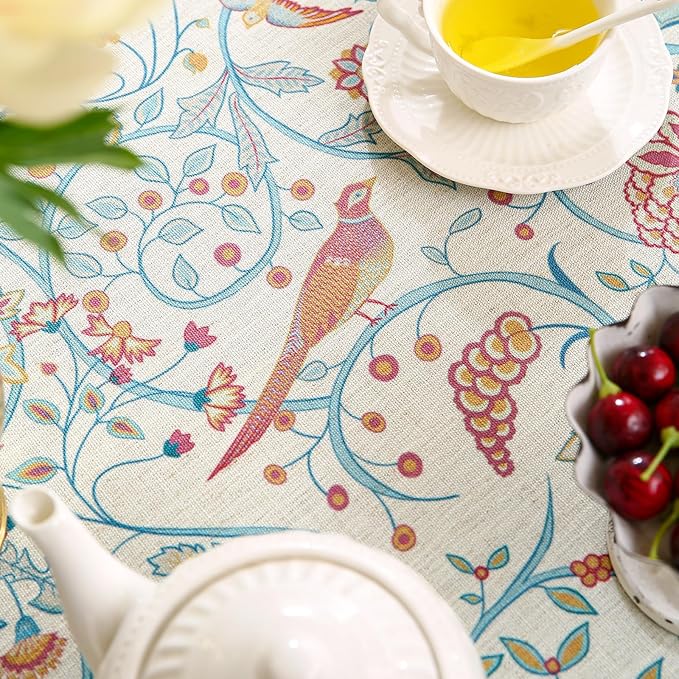 patdrea Designer Yellow French Spring Summer Tablecloth,Rustic Linen Floral Birds Table Cloth for Round Tables,Decor Table Cover for Kitchen Dining Holiday Banquet,Christmas,Diameter 67"