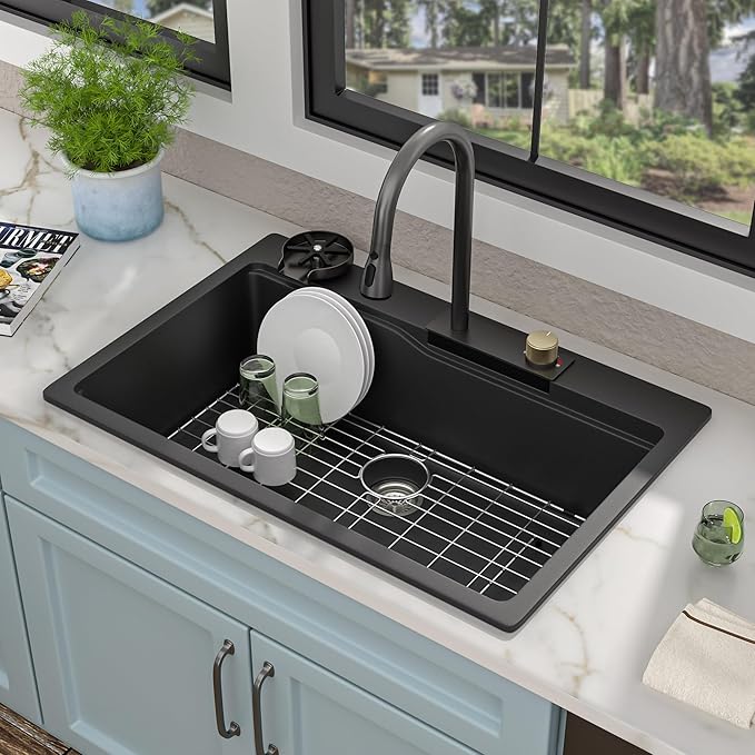 33"x22" Waterfall Kitchen Sink Workstation - Matte Black Granite Composite Quartz Classic Drop In Topmount Single Bowl Smart Waterfall Sink with Faucet Combo & Glass Rinser