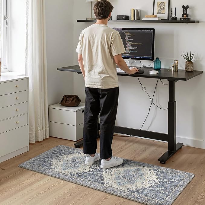 GENIMO Kitchen Mats for Floor, Washable Anti Fatigue Mat for Cushioned, 23.6"x71", Waterproof Kitchen Rugs, Non Slip Comfort Standing Mat Rug for Home, Sink, Laundry, Center Blue