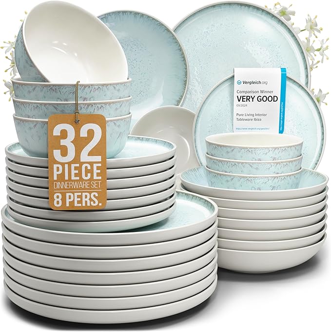Stoneware dinnerware set 8 persons 32 pcs – Modern style plates and bowls set ceramic – Dishwasher safe and scratch resistant – Bowl and plate set – Dinner service Pure Living beige & blue