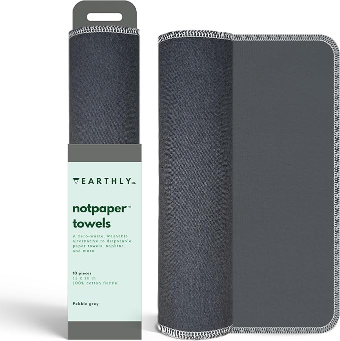 Reusable Paper Towels - 10 Pack - Roll of Washable Cotton Cloth Paper Towels - Paperless Reusable Napkins Cloth Washable - Absorbent + Long Lasting - Zero Waste Products - (Pebble Grey)