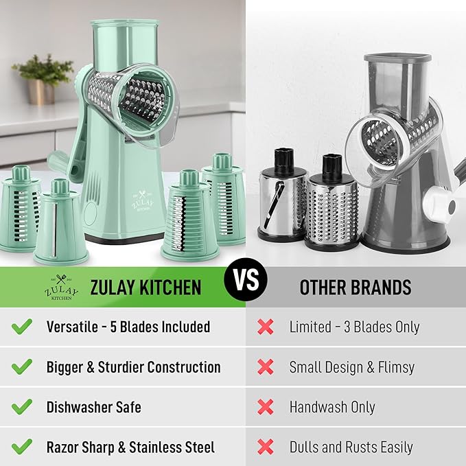 Zulay Kitchen Rotary Cheese Grater 5 Blade Cheese Shredder - Manual Hand Crank Cheese Grater With Reinforced Suction & 5 Interchangeable Drums - Easy to Use, Vegetable Chopper Round Mandoline Slicer