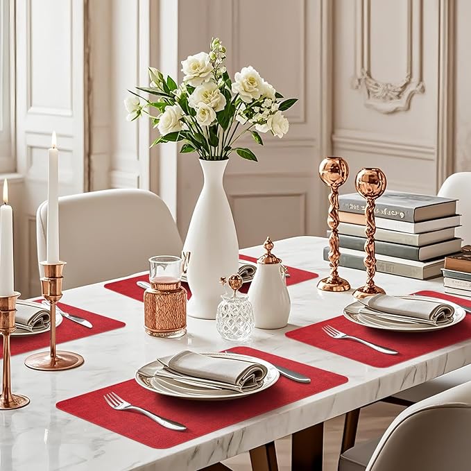 Vinly Placemats Set of 6 - Waterproof Wipeable Faux Leather Table Place Mats Heat Resistant Anti Slip Table Mats for Dining, Indoor, Outdoor, 15.8" x 11.8" (Retro red)