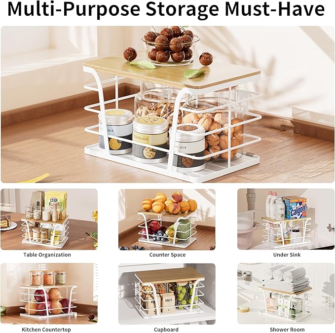 Pantry Organization & Kitchen Storage Containers - Stackable Fruit and Vegetable Storage with Lightweight PP Mat & Bamboo Top for Snacks, Produce,White