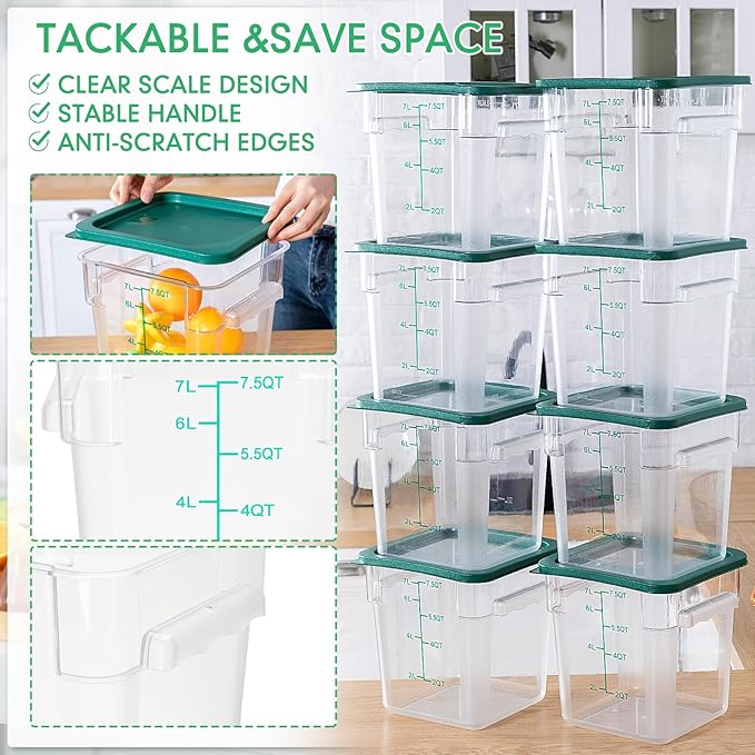 Lallisa 8 Pack 8 Qt Clear Food Storage Container with Handles and Lid Commercial Grade Square Food Storage Containers with Lids Polycarbonate Storage Container for Home Kitchen Restaurant