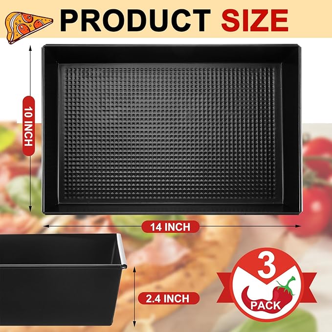 3 Pcs Detroit Style Pizza Pan 10 x 14 x 2.36 Inch Non Stick Rectangle Deep Pizza Pans Pre Seasoned Carbon Steel Sicilian Style Pan Dish Bakeware Kitchenware