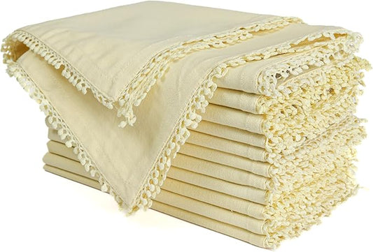 Bedding Craft Cotton Cloth Dinner Napkins Set of 12 – 18x18 French Vanilla Light Yellow with Decorative Lace Selvedge – Elegant Machine Washable Fabric Napkins for Weddings, Parties & Dining