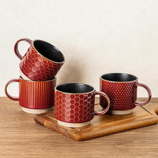 GBHOME 15OZ Stackable Coffee Mugs, Ceramic Coffee Cups with Texture Patterns for Man,Woman,Dad,Mom, Modern Coffee Mugs Set of 4 for Latte/Cappuccino/Cocoa. Dishwasher&Microwave Safe, Red