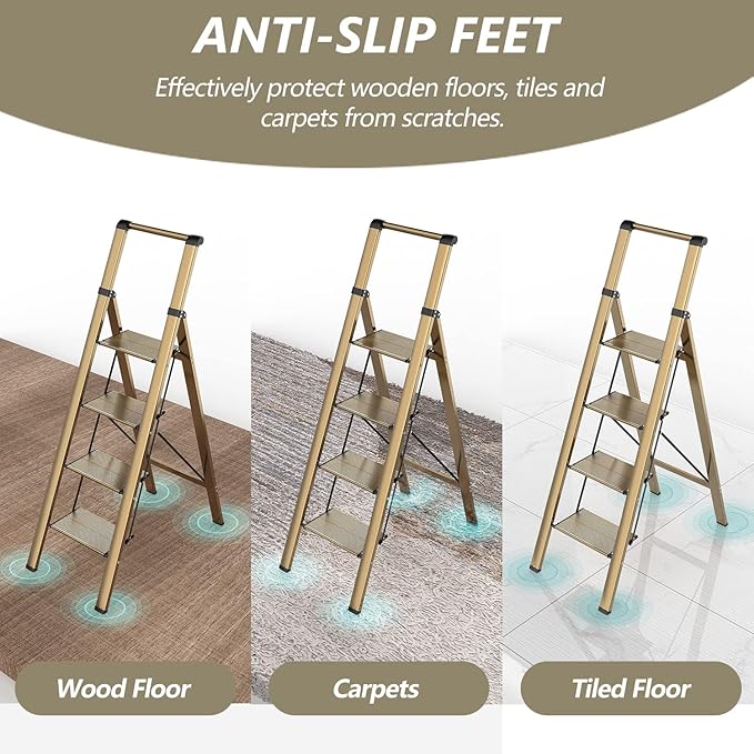 4 Step Ladder, Folding Step Stool with Anti-Slip Wide Sturdy Pedal and Handgrip, Portable Lightweight Aluminum Stepladder, 300 lbs Capacity, Multi-Use for Home, Library - Brown Gold