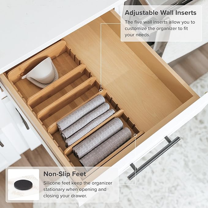 Bamboo Kitchen Towel and Food-Storage Organizer, Perfect for Kitchen Drawers, Cabinets, Pantry, 5 Adjustable Wall Inserts, Organize & Store Plastic Food Containers