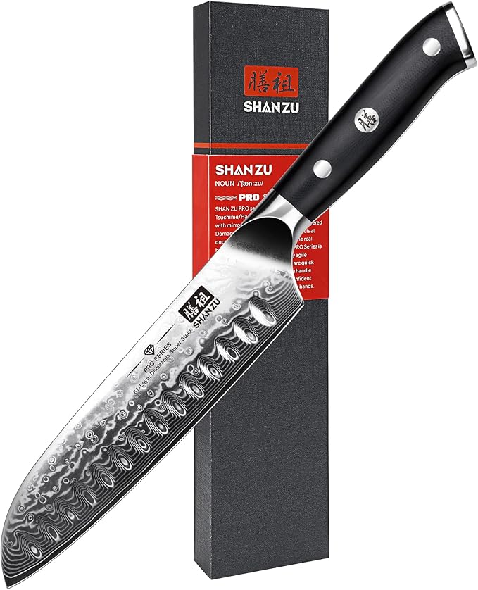 SHAN ZU Chef Knife, Kitchen Knife Santoku Chef's Knife 7 Inch Multifunction Kitchen Knives Damascus Stainless Steel & Ergonomic Fiberglass G10 Handle Best Sharp High-Carbon Knives