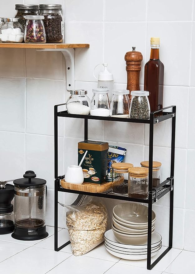 2pk Kitchen Cabinet Shelf Counter Organizer Rack Pantry Storage Bathroom Bedroom Office Table Desk Space Saving Steel Frame Stackable Rust Resistant Non Slip Black-Tall-L13in W8.3in H9.5in