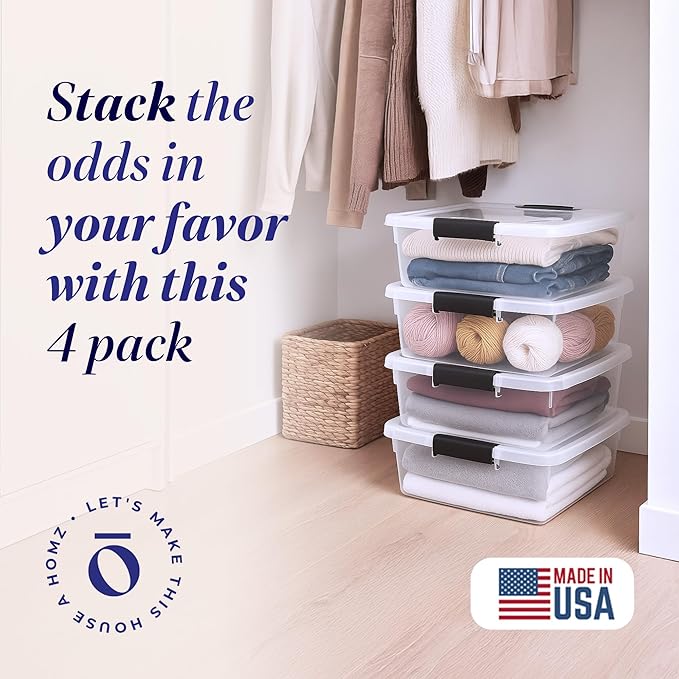 HOMZ 4-Pack Latching Lid, Clear Plastic Storage Organizer Bins, 15.5 Quart, Gray Latch - Stackable Organizing Containers for Home, Garage, and Office