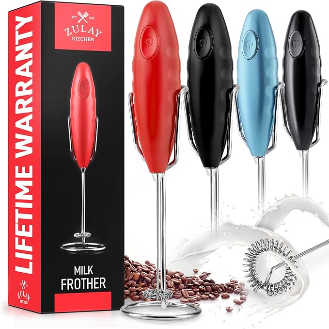 Zulay Double Grip Milk Frother for Coffee With Upgraded Holster Stand - Coffee Frother Handheld - Electric Handheld Foam Maker - Hand Mixer for Latte, Matcha - Electric Whisk (Red)