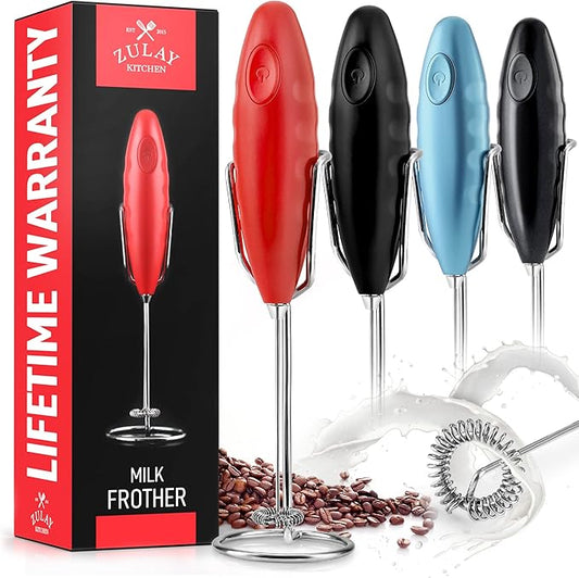 Zulay Double Grip Milk Frother for Coffee With Upgraded Holster Stand - Coffee Frother Handheld - Electric Handheld Foam Maker - Hand Mixer for Latte, Matcha - Electric Whisk (Red)